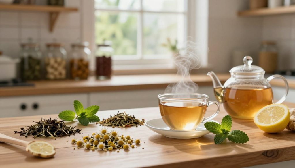 A cozy, serene kitchen setting featuring an array of herbal teas known for aiding digestion. In the foreground, a wooden table adorned with a beautifully arranged selection of tea leaves, dried herbs like chamomile, peppermint, and ginger, and a steaming teapot. A delicate cup of tea sits invitingly to the side, surrounded by fresh mint and lemon slices. The middle ground reveals a sunlit window showcasing gentle greenery outside, enhancing the tranquil atmosphere. In the background, soft-focus shelves filled with glass jars of spices and herbs. Soft, warm lighting creates a calming mood, inviting relaxation and wellness. Use a gentle depth of field to focus on the tea and herbs, conveying warmth and natural remedy essence. A cozy, serene kitchen setting featuring an array of herbal teas known for aiding digestion. In the foreground, a wooden table adorned with a beautifully arranged selection of tea leaves, dried herbs like chamomile, peppermint, and ginger, and a steaming teapot. A delicate cup of tea sits invitingly to the side, surrounded by fresh mint and lemon slices. The middle ground reveals a sunlit window showcasing gentle greenery outside, enhancing the tranquil atmosphere. In the background, soft-focus shelves filled with glass jars of spices and herbs. Soft, warm lighting creates a calming mood, inviting relaxation and wellness. Use a gentle depth of field to focus on the tea and herbs, conveying warmth and natural remedy essence.