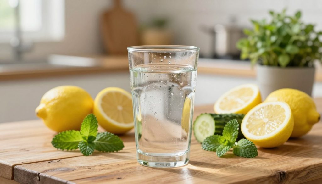 A refreshing glass of water filled to the brim sits in the foreground on a rustic wooden table. The glass captures the light, creating glimmering reflections and droplets of condensation on its surface. In the middle ground, a variety of hydrating fruits—such as lemon, cucumber, and mint—surround the glass, emphasizing natural ways to enhance hydration. Behind, a softly blurred kitchen setting bathed in warm, natural light evokes a serene and healthy atmosphere. A potted plant adds a touch of green, symbolizing vitality. The overall mood is fresh, clean, and inviting, encouraging the viewer to prioritize proper hydration for better digestion. The composition should be shot at eye level with a shallow depth of field, focusing on the glass and fruits while gently blurring the background. A refreshing glass of water filled to the brim sits in the foreground on a rustic wooden table. The glass captures the light, creating glimmering reflections and droplets of condensation on its surface. In the middle ground, a variety of hydrating fruits—such as lemon, cucumber, and mint—surround the glass, emphasizing natural ways to enhance hydration. Behind, a softly blurred kitchen setting bathed in warm, natural light evokes a serene and healthy atmosphere. A potted plant adds a touch of green, symbolizing vitality. The overall mood is fresh, clean, and inviting, encouraging the viewer to prioritize proper hydration for better digestion. The composition should be shot at eye level with a shallow depth of field, focusing on the glass and fruits while gently blurring the background.