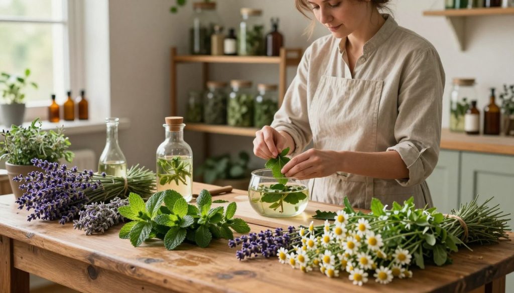 A serene herbal workshop scene, showcasing a variety of medicinal herbs like lavender, peppermint, and chamomile prominently in the foreground, meticulously arranged on a rustic wooden table. In the middle ground, a skilled herbalist in a modest, professional outfit carefully prepares these herbs using traditional methods like crushing leaves and boiling infusions, illuminated by soft, warm natural light streaming through a nearby window. The background features shelves filled with glass jars containing herbs and tinctures, all bathed in a harmonious, tranquil atmosphere that evokes healing and wellness. The overall mood is calming and inviting, highlighting the art and science of herbal preparation for maximum effectiveness. The lens angle captures both the intricacies of the herbs and the herbalist's focused expression, creating an informative yet peaceful setting. A serene herbal workshop scene, showcasing a variety of medicinal herbs like lavender, peppermint, and chamomile prominently in the foreground, meticulously arranged on a rustic wooden table. In the middle ground, a skilled herbalist in a modest, professional outfit carefully prepares these herbs using traditional methods like crushing leaves and boiling infusions, illuminated by soft, warm natural light streaming through a nearby window. The background features shelves filled with glass jars containing herbs and tinctures, all bathed in a harmonious, tranquil atmosphere that evokes healing and wellness. The overall mood is calming and inviting, highlighting the art and science of herbal preparation for maximum effectiveness. The lens angle captures both the intricacies of the herbs and the herbalist's focused expression, creating an informative yet peaceful setting.