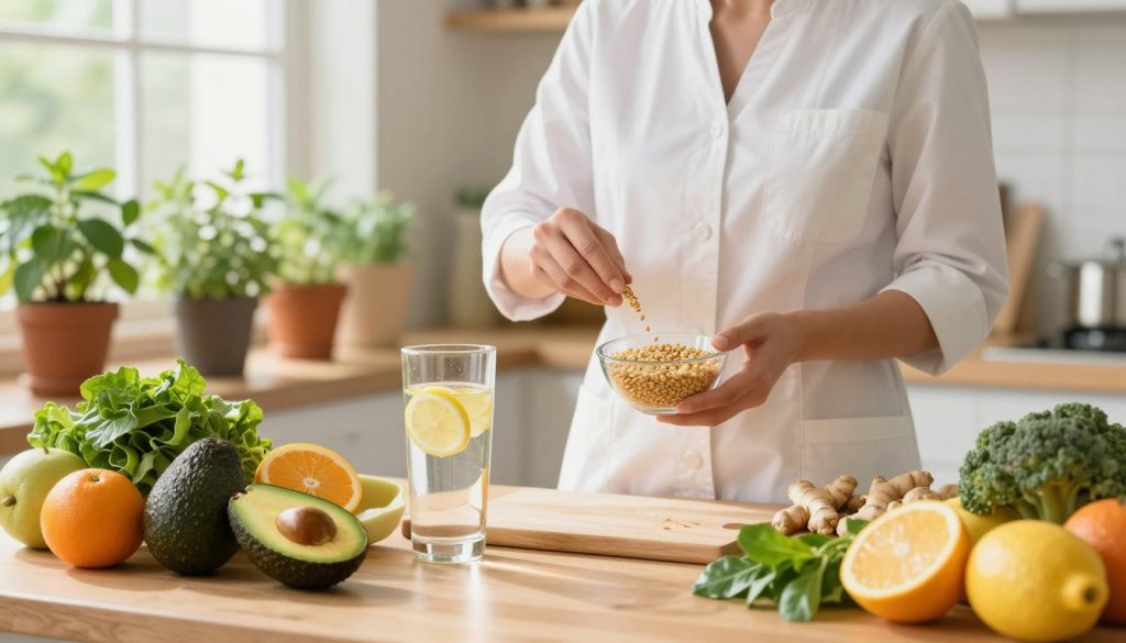 A serene kitchen setting with a bright, sunlit atmosphere. In the foreground, a wooden table features an array of fresh, colorful fruits and vegetables, including avocados, leafy greens, and citrus fruits, arranged in an appetizing display. A glass of clear water infused with lemon slices stands prominently. In the middle, a nutritionist, dressed in smart casual attire, demonstrates portion control by measuring grains using a small bowl, emphasizing balance in meals. The background showcases an herb garden, with plants like mint and ginger visible in pots, symbolizing natural digestion aids. The overall mood is uplifting and educational, with soft natural lighting enhancing the freshness of the scene. The camera angle is slightly elevated, capturing both the foreground and middle elements harmoniously. A serene kitchen setting with a bright, sunlit atmosphere. In the foreground, a wooden table features an array of fresh, colorful fruits and vegetables, including avocados, leafy greens, and citrus fruits, arranged in an appetizing display. A glass of clear water infused with lemon slices stands prominently. In the middle, a nutritionist, dressed in smart casual attire, demonstrates portion control by measuring grains using a small bowl, emphasizing balance in meals. The background showcases an herb garden, with plants like mint and ginger visible in pots, symbolizing natural digestion aids. The overall mood is uplifting and educational, with soft natural lighting enhancing the freshness of the scene. The camera angle is slightly elevated, capturing both the foreground and middle elements harmoniously.