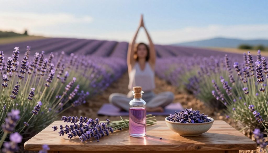 A serene scene depicting a beautifully arranged lavender field during the golden hour, with soft, warm sunlight illuminating the blossoms, creating a calming atmosphere. In the foreground, a wooden table holds a delicate glass bottle of lavender essential oil alongside fresh lavender sprigs and a small ceramic bowl of dried lavender buds. In the middle ground, a tranquil person in modest casual attire practices yoga, surrounded by the aromatic lavender, embodying relaxation and mindfulness. The background features rolling hills dotted with lavender plants under a clear blue sky, enhancing the peaceful vibe. The overall mood is soothing and rejuvenating, inviting viewers to experience the stress-relieving essence of lavender.