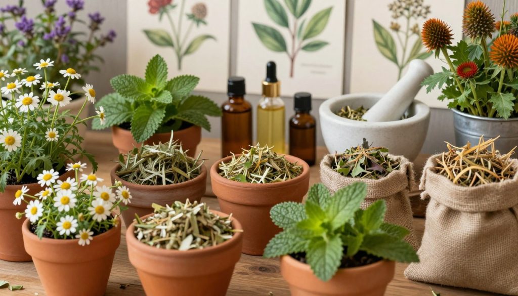 A vibrant display of popular herbal remedies, featuring an assortment of fresh herbs and dried plants. In the foreground, include recognizable herbs like chamomile, peppermint, and echinacea, beautifully arranged in clay pots and burlap sacks. The middle ground will show a wooden table adorned with mortar and pestle, where crushed herbs are visible, alongside a few natural oil bottles. In the background, softly blurred botanical illustrations of the herbs add depth. Use warm, natural lighting to create a cozy, inviting atmosphere, reminiscent of a tranquil herbal apothecary. The image should be well-composed, with a shallow depth of field, focusing on the richness and textures of the herbs and materials.