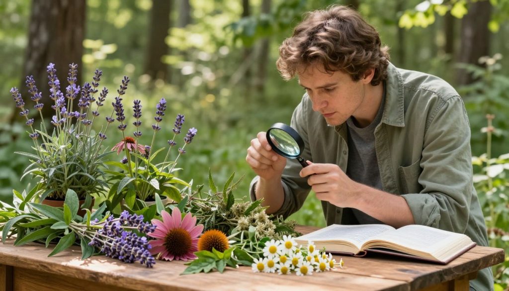 In a lush, sunlit forest clearing, a botanist in a modest casual outfit is carefully examining a variety of medicinal herbs, such as lavender, echinacea, and chamomile, placed on a wooden table. In the foreground, there are vibrant green leaves and delicate flowers, showcasing their rich textures and colors. The middle ground features the botanist using a magnifying glass to inspect a herb, with a field guide open beside them, adding to the sense of exploration. The background reveals soft, dappled sunlight filtering through the trees, casting gentle shadows and enhancing the natural beauty of the scene. The overall mood is serene and focused, emphasizing the importance of sourcing high-quality medicinal herbs. The image is captured with a shallow depth of field to draw attention to the botanist and the herbs. In a lush, sunlit forest clearing, a botanist in a modest casual outfit is carefully examining a variety of medicinal herbs, such as lavender, echinacea, and chamomile, placed on a wooden table. In the foreground, there are vibrant green leaves and delicate flowers, showcasing their rich textures and colors. The middle ground features the botanist using a magnifying glass to inspect a herb, with a field guide open beside them, adding to the sense of exploration. The background reveals soft, dappled sunlight filtering through the trees, casting gentle shadows and enhancing the natural beauty of the scene. The overall mood is serene and focused, emphasizing the importance of sourcing high-quality medicinal herbs. The image is captured with a shallow depth of field to draw attention to the botanist and the herbs.